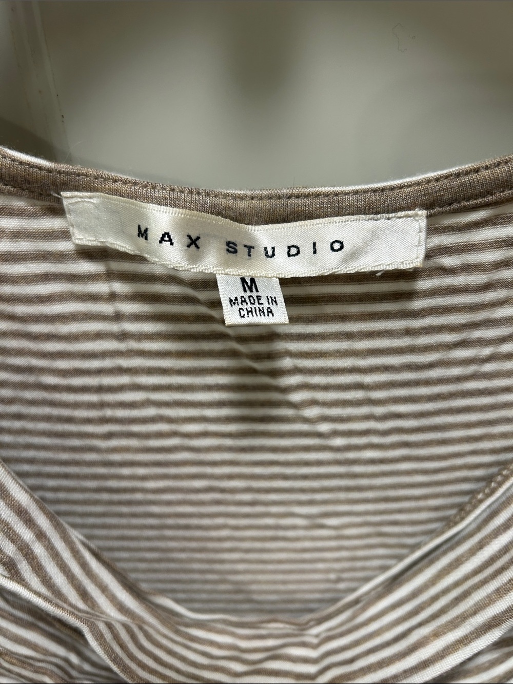 Max Studio Taupe and White Striped Cowl-Neck Short Sleeve Top - Picture 2 of 8